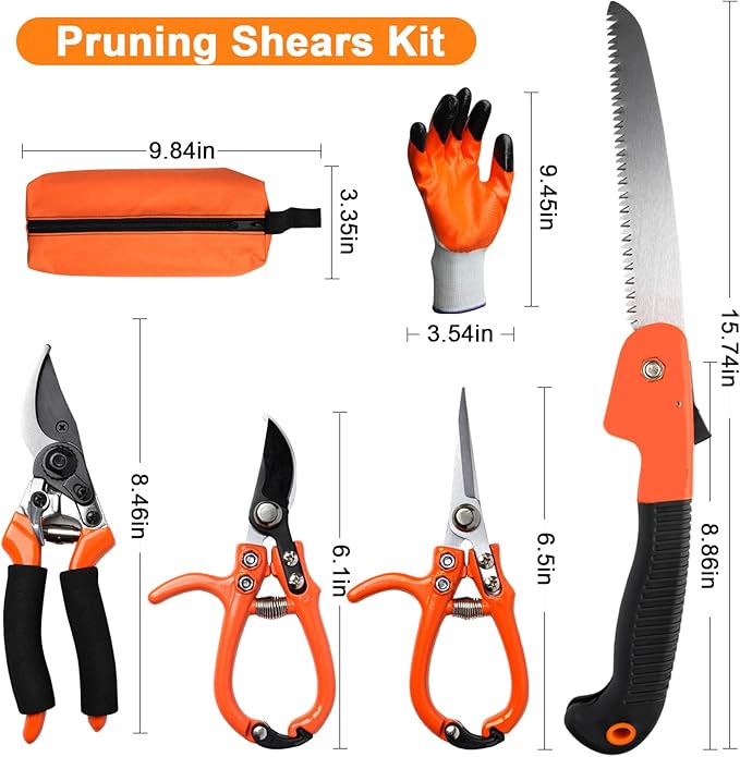 6Pcs Pruning Shears Set with Bypass Pruning Shears, Garden Scissors, Pruning Snips,Saw,Gloves,Storage Bag,Handheld Garden Shears Set for Plant