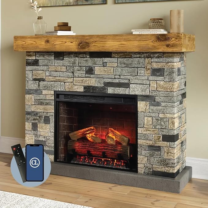 Country Living - Dixson Fireplace Mantel Package, 28” Fireplace Insert, Stone Brick Mantel Surround, Alexa/WiFi Enabled, 1500W