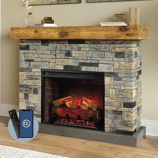Country Living - Dixson Fireplace Mantel Package, 28” Fireplace Insert, Stone Brick Mantel Surround, Alexa/WiFi Enabled, 1500W