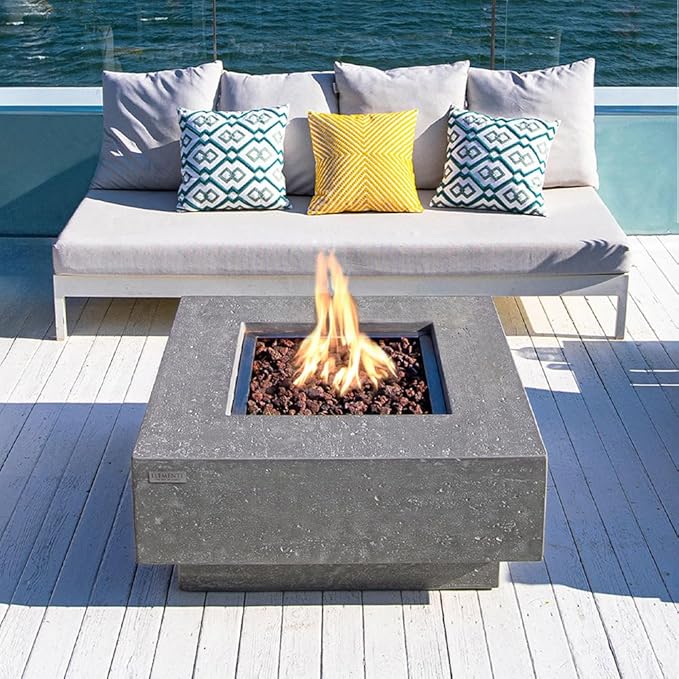 Manhattan Concrete Fire Pit 36" x 36" Outdoor Patio Firepit Includes Lava Rocks Modern Fire Pits & Outdoor Fireplaces for Garden, Deck, Indoor & Outdoor Heating