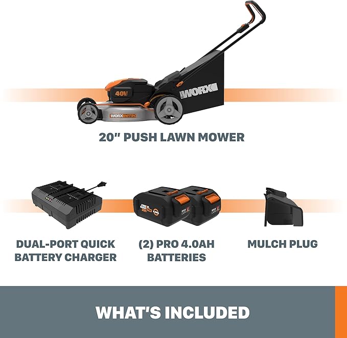 Worx Nitro 40V 20" Cordless Lawn Mower, 3-in-1 Electric Mower with Collapsible Handle, Push Lawn Mower with 7-Position Height Adjustment – 2 Batteries & Charger Included