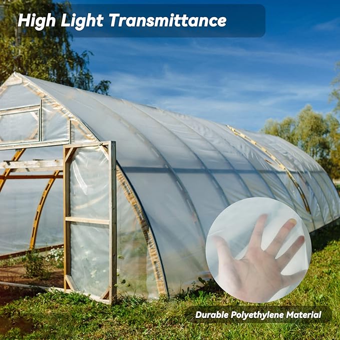 12' x 25' Greenhouse Plastic Film Sheeting Cover 6 Mil Thickness, Clear Greenhouse Cover Polyethylene Plastic UV Resistant Anti-drip, Anti-Fog for Farms, Agriculture, Garden, Farm Plastic Cover