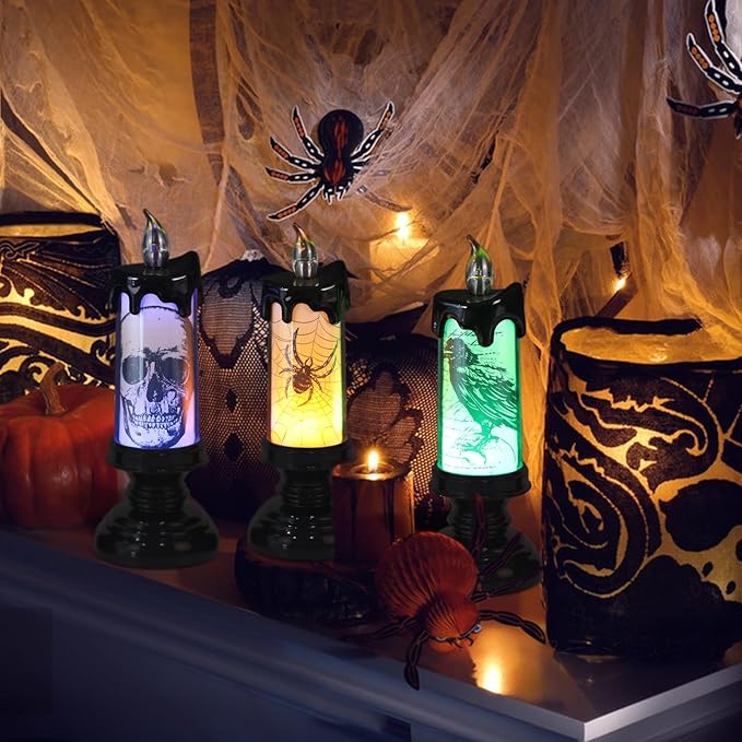 DRomance Halloween Flameless Flickering Candle Lights with Remote Timer, Battery Operated LED Candle Lamp Spooky Skull Crow Spider Decals and Lights Indoor Decor(3 Pack, 2.8" D x 7.8" H)
