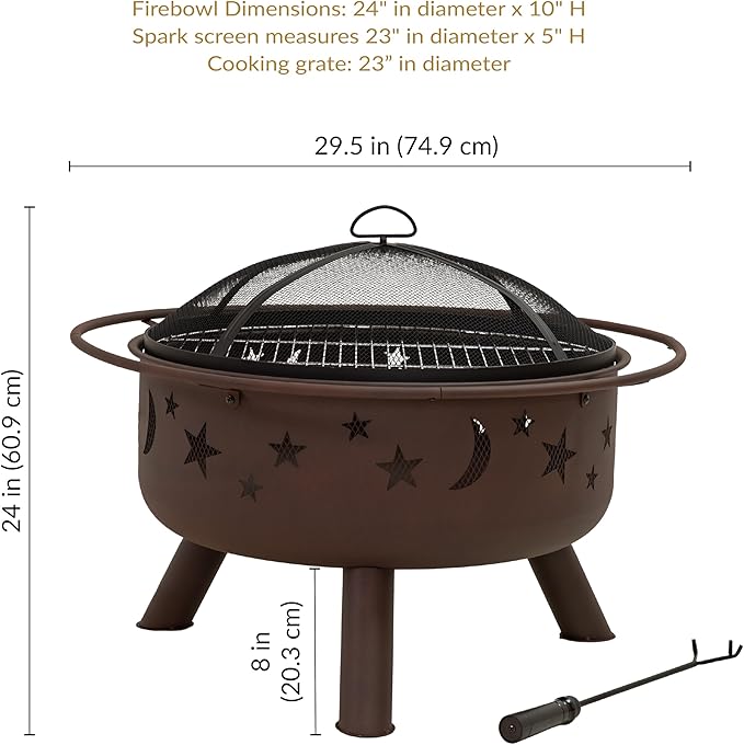 Sunnydaze Cosmic 30-Inch Patio Fire Pit for Outside - Outdoor Wood-Burning Fire Pit with Grill Grate, Spark Screen, and Fireplace Poker