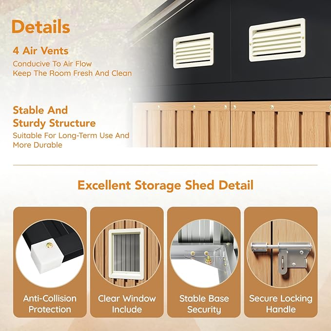 8X6FT Garden Storage Shed with Frame Floor & Lockable Doors,Steel Tool Shed with 1 Clear Window, Anti-Corrosion Metal Shed for Backyard Patio Lawn (Wood Panels Not Included)