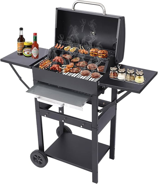 CIG GARDEN 20-Inch Charcoal Grill with 2 Foldable Side Tables,Portable Grill Charcoal with 330 Sq.In.Cooking Area,Enamel Steel Wiring Charcoal Grill with Pull-out Charcoal Trays for Outdoor Cooking