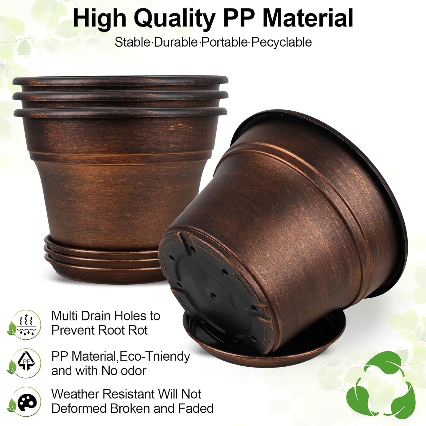 Plant Planters Pots Set of 4 Pack 16 Inch，Large Plastic Flower Pot for Indoor Plants with Drainage Holes & Trays, Resin Decorative Container Sets with Saucer for House Outdoor Garden Plant Copper