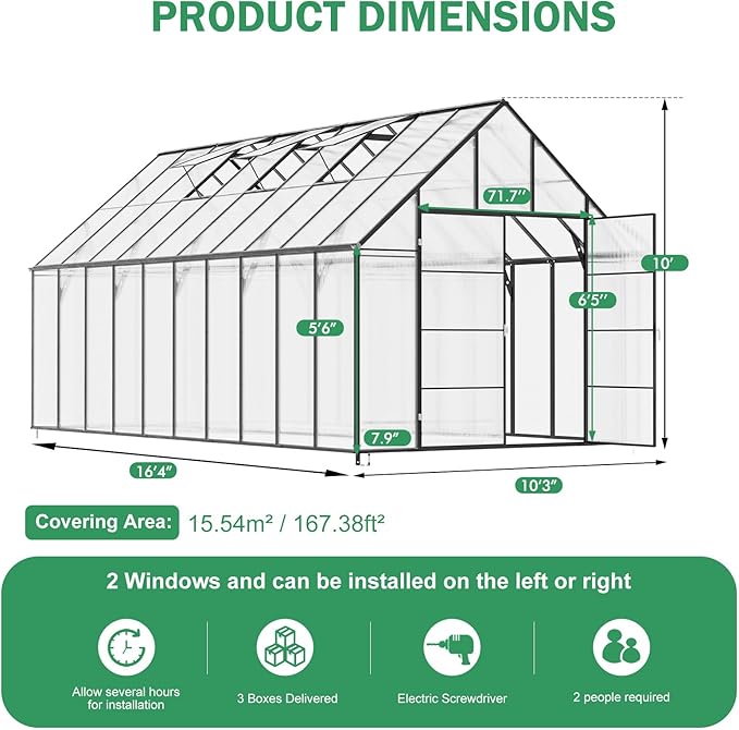Large Greenhouse, 10x20 FT Easy Assembly Hybrid Polycarbonate Greenhouses for Outdoors w/Vent Windows & Swing Door Walk-in Greenhouses Aluminum Green House for Outside, Black