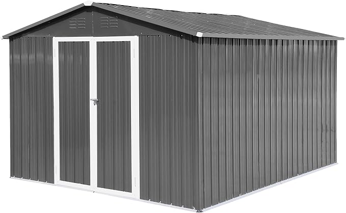 Sheds & Outdoor Storage 12 ft × 10 ft Storage Shed Large Classic Apex Roof Metal Garden Storage Sheds with Hinged Door Tool Cabinet for Backyard, Patio, Poolside, Gray