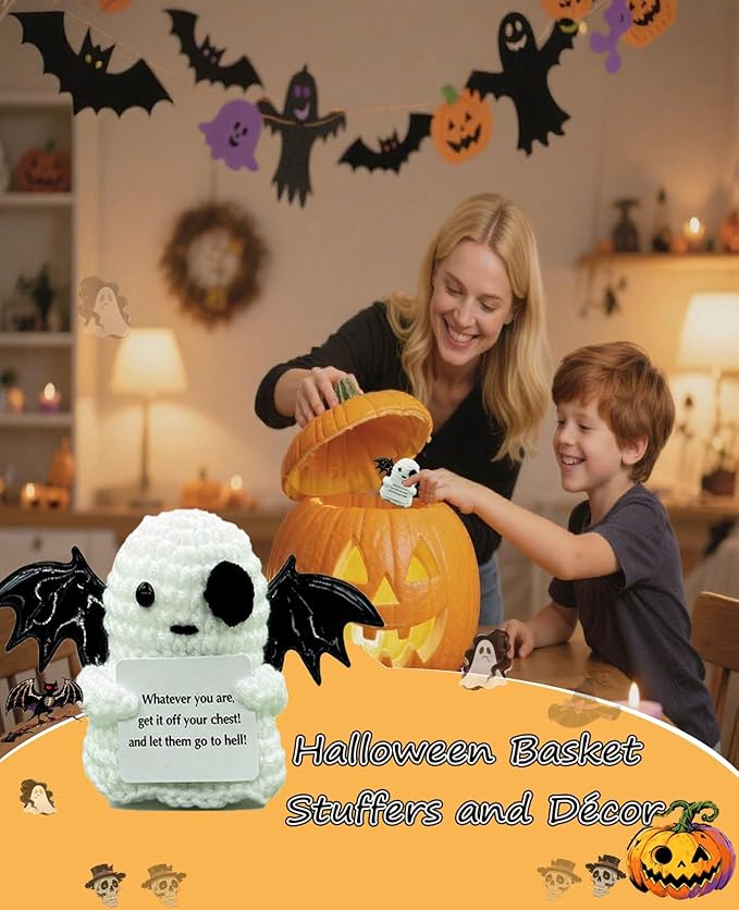 2 Packs Cute Decor for Men Women Kids, Positive Crochet Animals Emotional Support Handmade Mini Ghost Dolls with Positive Cards Halloween Basket Stuffers for Desk Home Decor