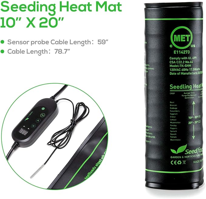 Seedfactor MET Certified Seedling Heat Mat with 50℉~108℉ Digital Thermostat Controller for Seed Germination (20" x 20")