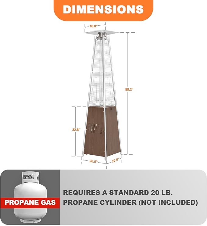 Nuu Garden 48,000 BTU Pyramid Propane Heater Outdoor Patio Heaters with Wheels, Patio Heater with Glass Tube Deck Porch for Outdoor Use Camping Backyard, Stainless Steel Burner, Wood-Grain Finish