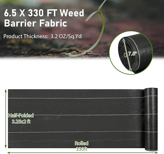 6.5FT x 330FT Weed Barrier Fabric, 3.2oz Landscape Fabric Heavy Duty Weed Barrier, High Permeability Ground Cover Geotextile Fabric Weed Cloth for Garden, Farm & Driveway