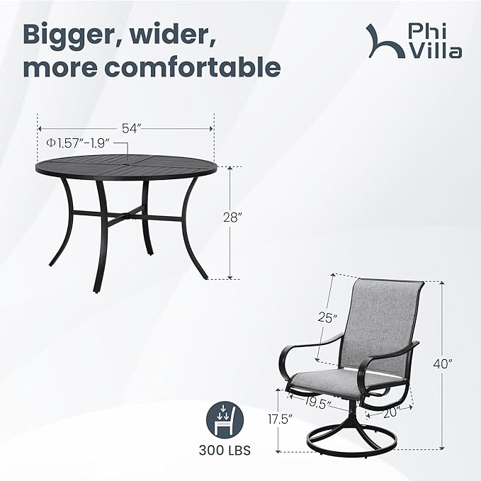 PHI VILLA 7 Piece Outdoor Patio Dining Set with 6 Swivel Dining Chairs & 1 Large Round Dining Table, Gray Textilene Mesh Fabric Chair and 54" Metal Table for All Weather