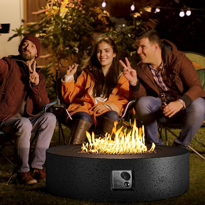 COSIEST 42 inch Outdoor Propane Fire Pit Coffee Table w Concrete Round Base Patio Heater, 50,000 BTU Stainless Steel Burner, Free Lava Rocks, Rain Cover, Gray