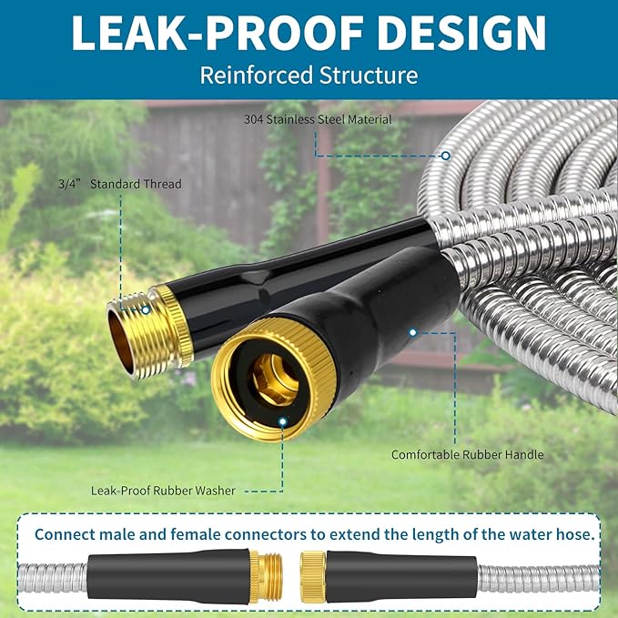 Stainless Steel 25FT Garden Hose with 10 Functions, Adjustable Spray Nozzle, Flexible Durable No Kink Leak Dog Proof Metal Water Hose for Yard Lawn