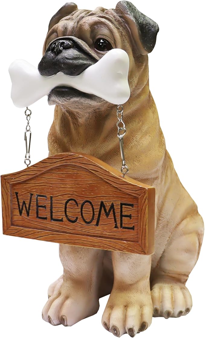Nature's Mark Pug Dog Puppy Statue with Reversible Welcome Sign and Go Away Sign Resin Garden Decor 12" H