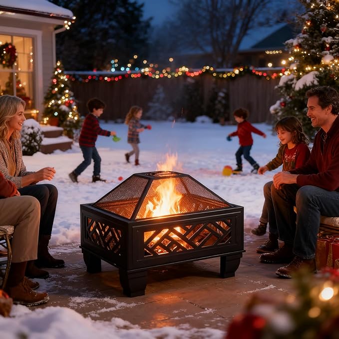 Breezz Update Version 26 Inch Wood Burning Fire Pit with Cooking Grill and Spark Screen, Outdoor Metal Firepit for Patio, Backyard, Bonfire Party, Camping and Garden