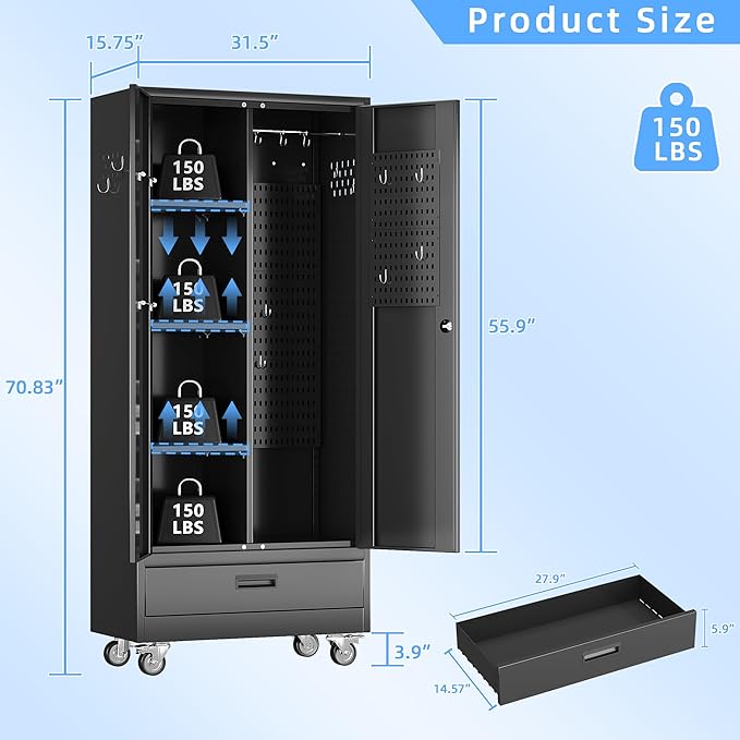 Broom Closet Storage Cabinet with Wheels and Drawer,Garage Storage Cabinet with Magnetic Doors,Pegboard and Adjustable Shelves for Garage Home Office,Required Assembly,Black