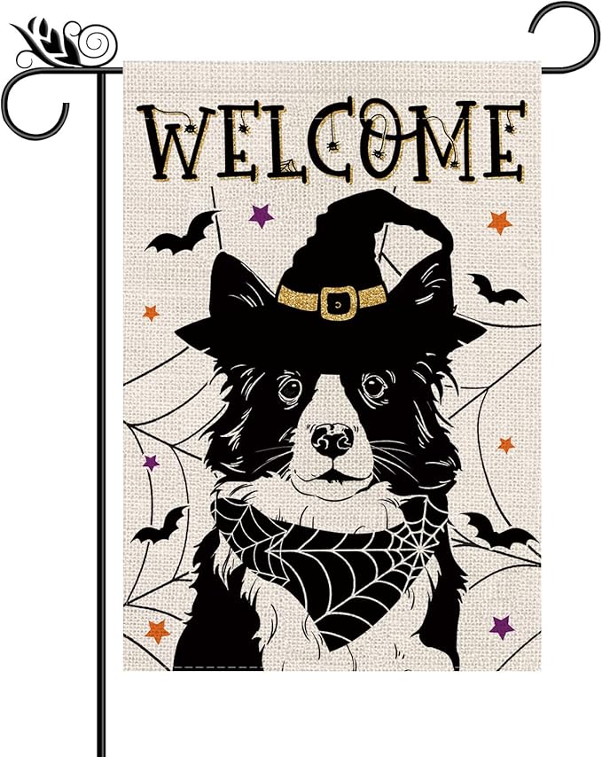 Halloween Garden Flag Border Collie Cobweb Bats Double Sided Vertical Welcome Flag Holiday Outdoor Yard Lawn Decorations 12.5 x 18 Inch