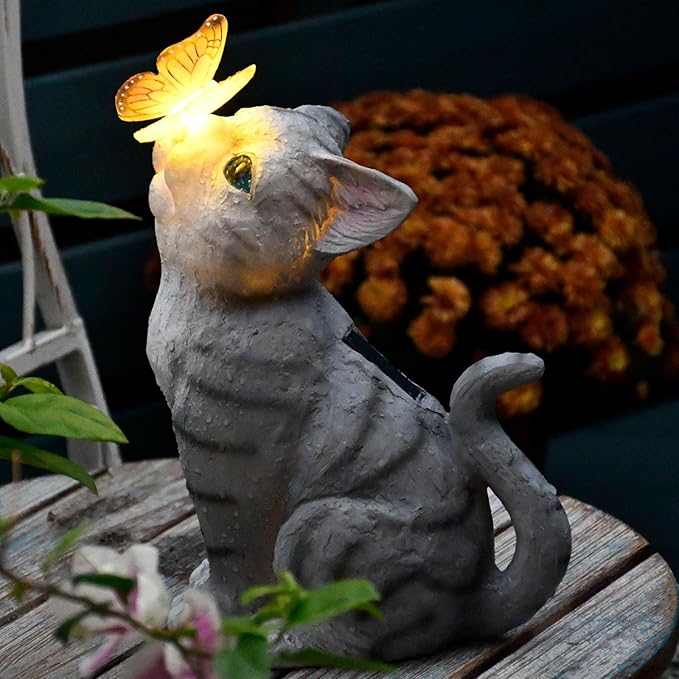 Solar Cat Garden Figurines Outdoor Decor Statue with LED Lights for Patio Balcony Yard Lawn Housewarming Gift for Garden Mom Grandma (Grey)