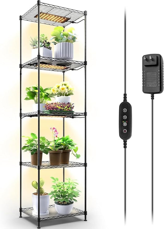 Barrina CX83 Plant Shelf with Grow Light, 5-Tier, Plant Stand with 10W Ultra-Thin Grow Light Panels for Hydroponics, Seedlings, Succulents, Flowers, Veg, 3/6/12h Timer, 15.7" L x 11.8" W x 59.1" H