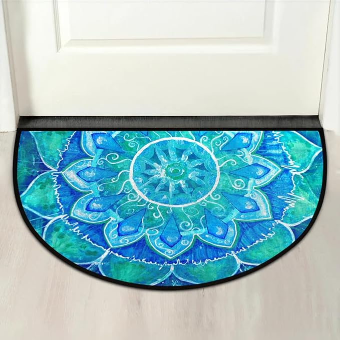 cfpolar Half Round Blue Boho Mandala Semicircle Mat, Non Slip Area Rug Soft Doormat for Front Door Indoor Entrance Welcome Mat for Garage Patio Home Decor 24 x 36 in