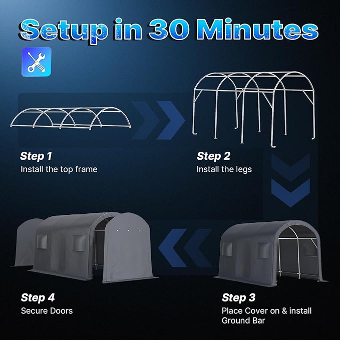 ADVANCE OUTDOOR 10x15 ft Shelter Storage Shed Steel Metal Round Peak Roof Portable Garage Carport for Motorcycle, Boat, or Garden Tools with 2 Roll up Doors & Vents, Gray