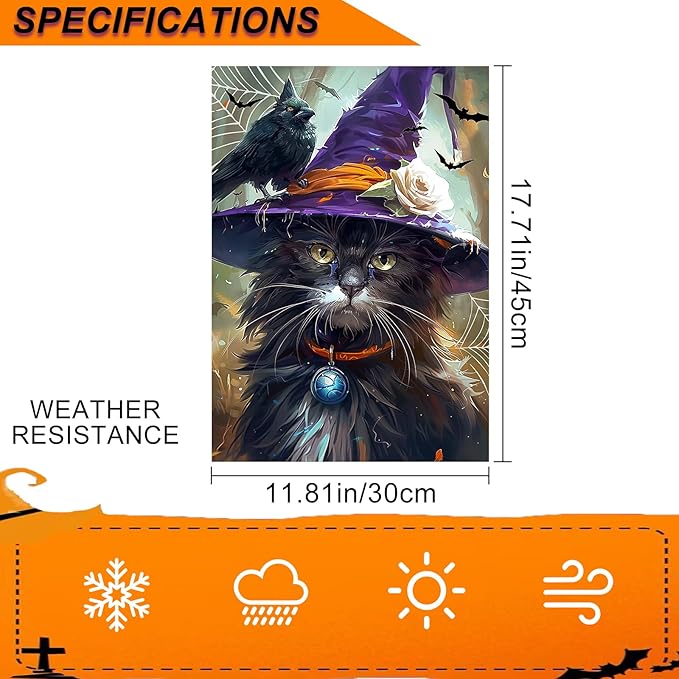 IVN Halloween Garden Flag 12x18 Inch Double Sided Witch Cat Raven Pumpkin Bat Fall Outdoor Flag for Yard Porch House Lawn Decoration Spooky Seasonal Holiday Banner