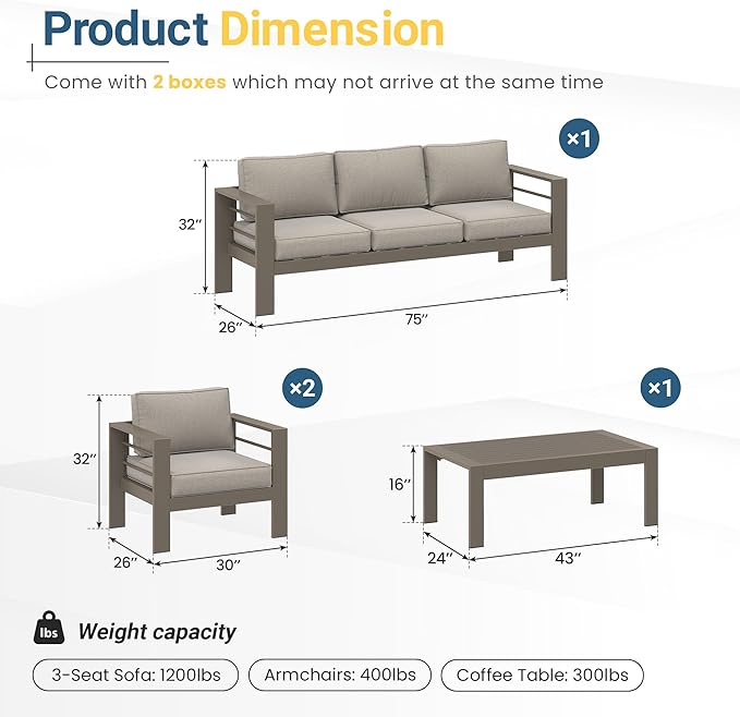 Wisteria Lane 4-Piece Outdoor Patio Furniture Set, Outdoor Sectional Furniture with Upgraded Cushions, Outdoor Conversation Seating Set for Balcony, Garden, Deck, Backyard, Khaki
