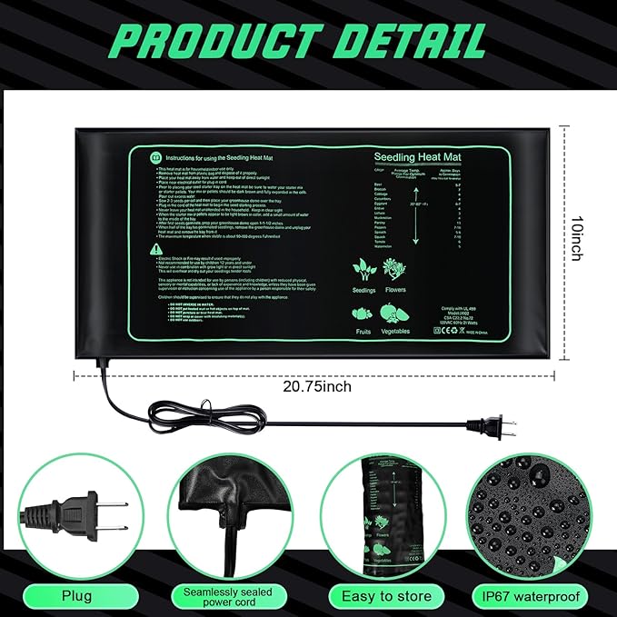 ROCEEI 16 Pack Durable Seedling Heat Mat 10 x 20.75 Waterproof Plant Heating Pad Warm Hydroponic Grow Mat for Greenhouse Grow Seed Starting Plant Germination (Black,Green)