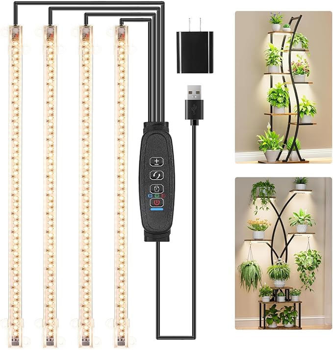 LED Plant Growing lamp Strips, Full Spectrum 3500K Grow Light for Indoor Plants with 3/9/12H Timer and 10 Dimmable Levels for Green House Hydroponics Succulent，4 Head 13 Inches