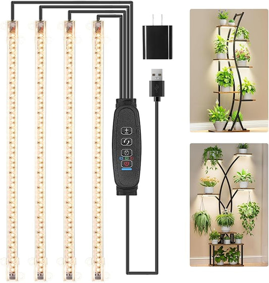 LED Plant Growing lamp Strips, Full Spectrum 3500K Grow Light for Indoor Plants with 3/9/12H Timer and 10 Dimmable Levels for Green House Hydroponics Succulent，4 Head 13 Inches
