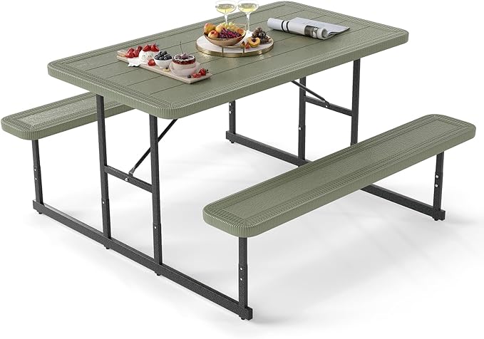 Giantex Picnic Table Bench Set for 4 People, 4.5FT Outdoor Rectangular Dining Table & 2 Benches w/Umbrella Hole, HDPE Tabletop, Metal Frame, Patio Garden Backyard Poolside (4.5FT,Non-Foldable,Green)