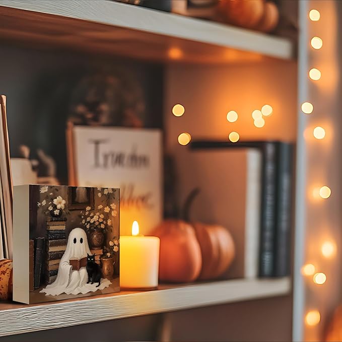 Mtrgdn Cute Halloween Decor,Halloween Decorations Indoor,Ghost with Black Cat Desk Decor Wooden Box Sign,Halloween Home Office Kitchen Bathroom Bedroom Coffee Bar Table Shelf Wall Decorations,5x5 Inch
