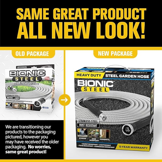 BIONIC STEEL 100 Ft Metal Garden Hose with Sprayer Nozzle, Non Kinking Designed Stainless Steel Heavy Duty Water Hose 100 Ft x 5/8 in. Flexible NON Expandable for Uninterrupted Water Flow, 500 PSI