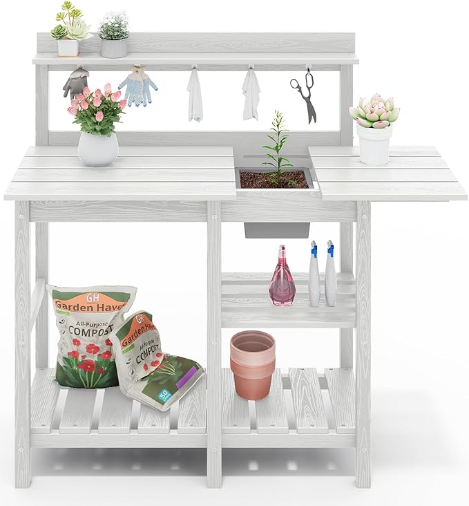 SERWALL Potting Table for Outside All Weather Use- White