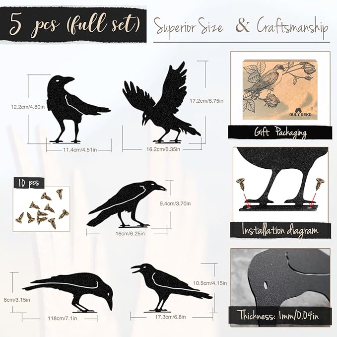 Raven Decor,Metal Birds Black Bird Crow Statue,Raven Statue Fence Topper Fake Crow,Crow Decor Garden Ornament Fence Topper Gothic Home,Crow Decor,Witchy Garden Decor,Halloween Decorations