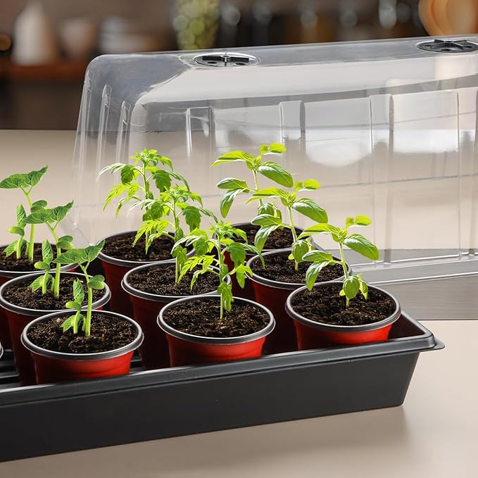 1020 Plant Tray with Tall 7.3'' Dome, 5-Pack Extra Large Seed Starter Tray with Humidity Domes, Heavy Duty 1020 Trays and Flats with Lid, Seed Germination Mini Greenhouse No Hole for Balcony Garden
