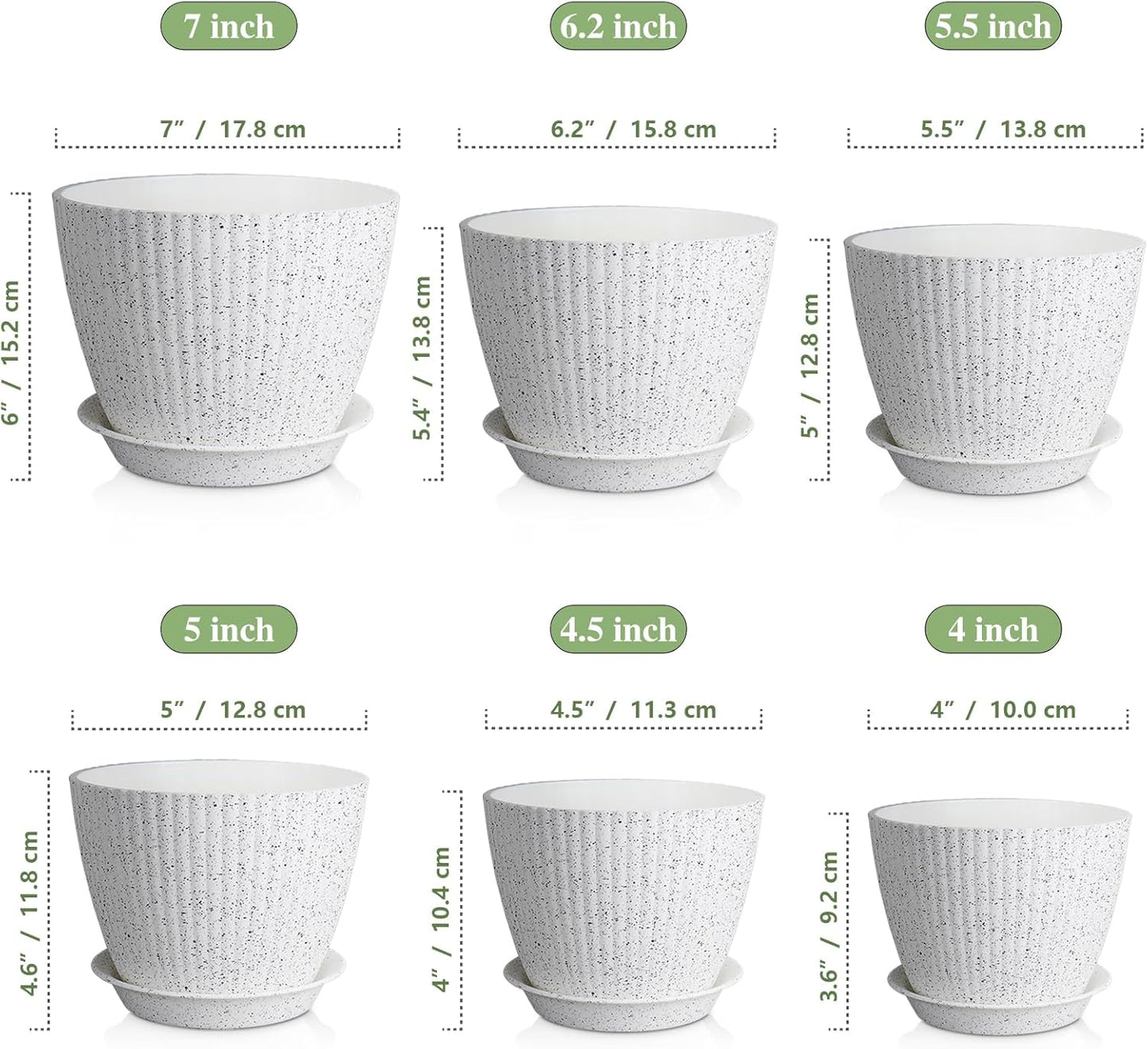 7/6.2/5.5/5/4.5/4 inch Flower Pots, 6 Pack Plant Pots for Small Indoor Outdoor Plants, Plastic Planters with Drainage Holes and Saucers for Garden Succulent House Plants, Speckled White