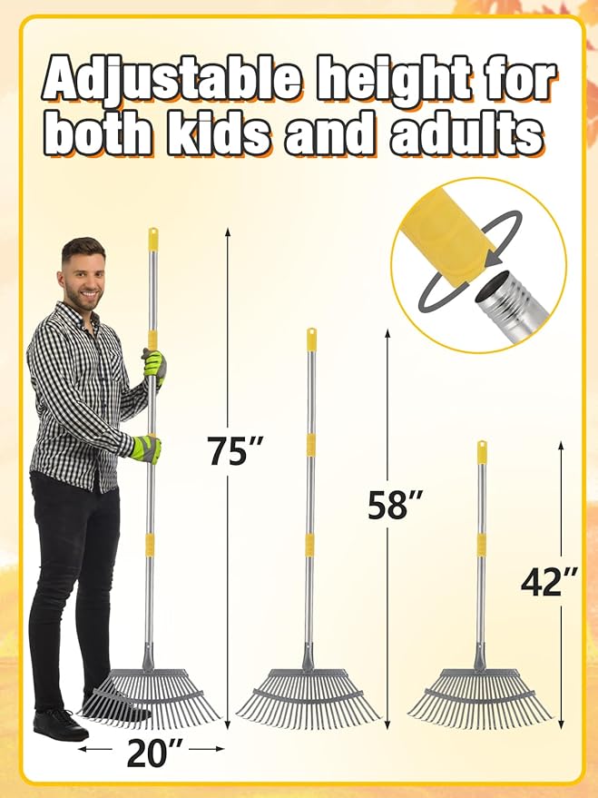 42" to 75" Adjustable Heavy-Duty Metal Leaf Rake with 25 Tines, Includes 40 Gal Reusable Dustpan-Type Lawn Bag