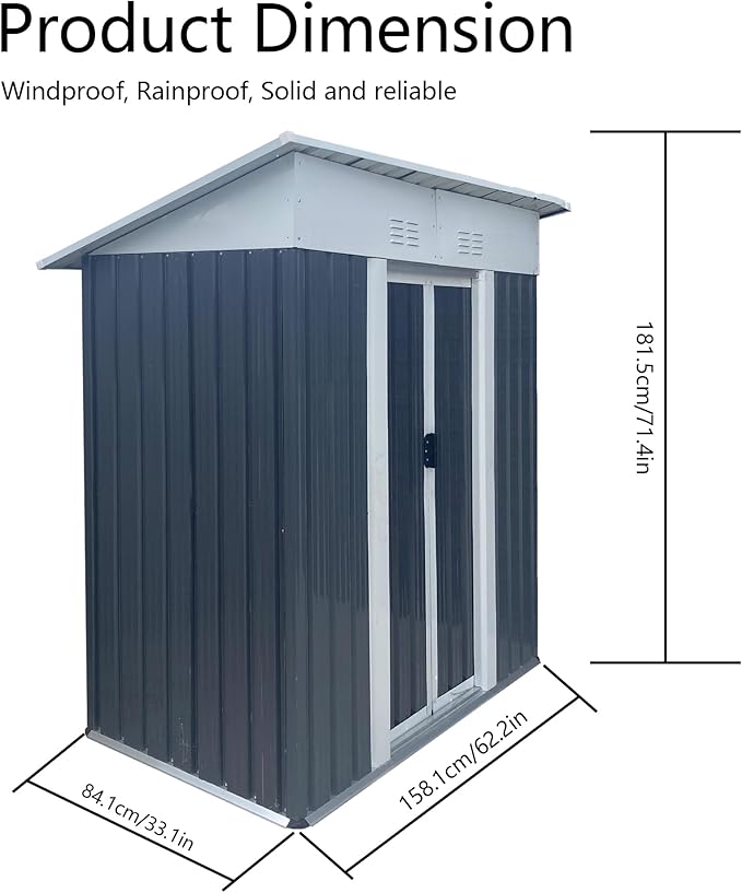 5x3FT Storage Shed with Sliding Lockable Door,Metal Outdoor Tool House W/Sloped Roof,All Weather Waterproof,for Backyard,Patio,Lawn,Garden,Grey
