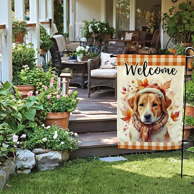 Autumn Dog Garden Flag with Falling Maple Leaves Design Double Sided Farmhouse Welcome Decorative Small Burlap Flags 12.5 x 18 Inch for Fall Harvest Thanksgiving Decor (Orange)