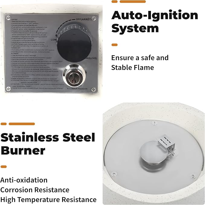 Outdoor Cylinder Propane Fire Pit Table – Premium Terrazzo-Like MgO Finish, Sturdy & Waterproof Gas Fire Table with Glass Wind Guard for Patio, Garden & Backyard, Includes Rain Cover & Glass Bead