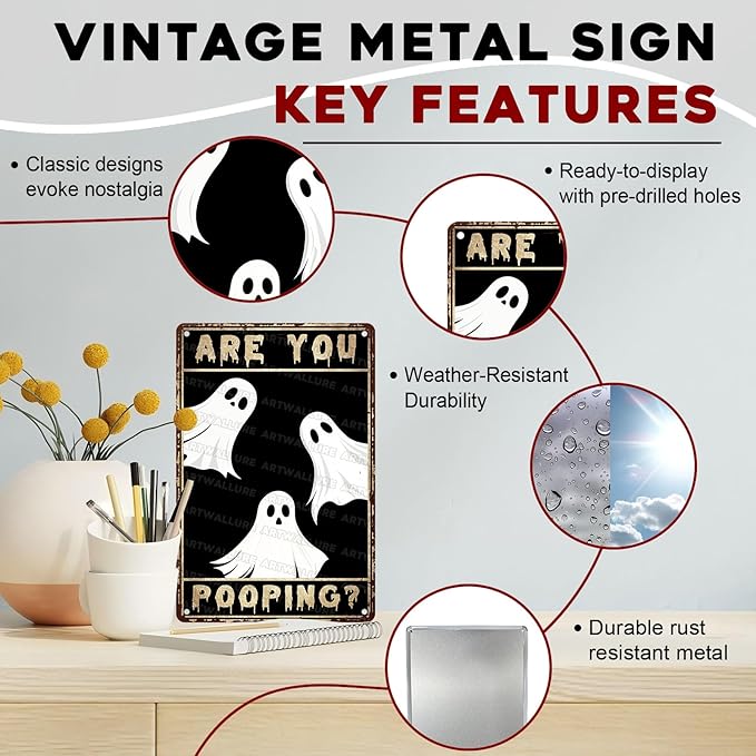 Ghost Metal Tin Sign Vintage Halloween Wall Art Rustic Bathroom Decor Tin Plaque Iron Painting Restroom Washroom 8x12inch