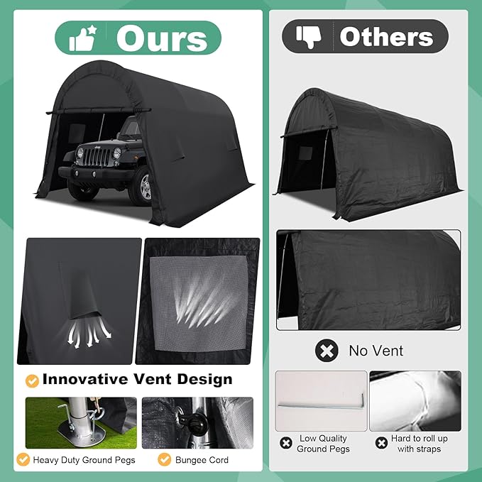 COBIZI Carport 10x15 FT Heavy Duty, Portable Garage, Carport Canopy with All-Steel Metal Frame & Vents, Round Style Outdoor Storage Shed for Car, Truck, Boat, Patio Furniture Anti-Snow Waterproof