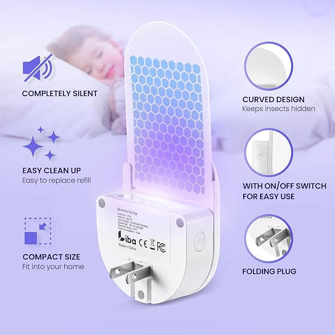 LiBa Fruit Fly Traps for Indoors, Flying Insect Trap for Indoors, Light Trap Captures Fruit Flies, Gnats and Houseflies, Plug-in Mosquito Killer Indoor Gnat Moth Catcher with 3 Refills