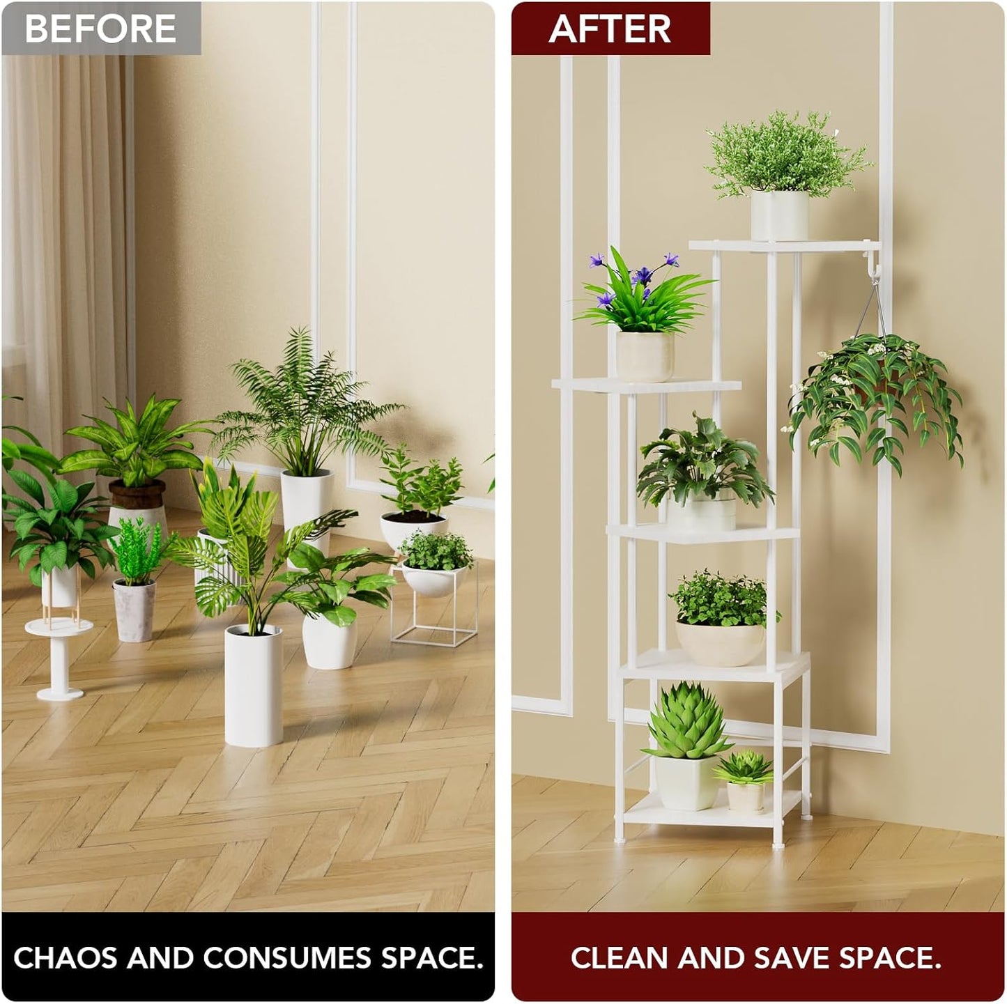 Plant Stand Indoor with Grow Light, 5-Tiered Tall Plant Stand Indoor, Metal Plant Shelf with Hanging Basket Hook and Adjustable Light, Ideal for Living Room, Garden, Patio white