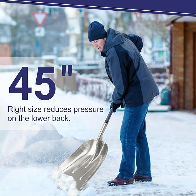 Aluminum Snow Shovel - Large Capacity Driveway Snow Removal Tool, Fiberglass D-Handle, 45 Inch Blade