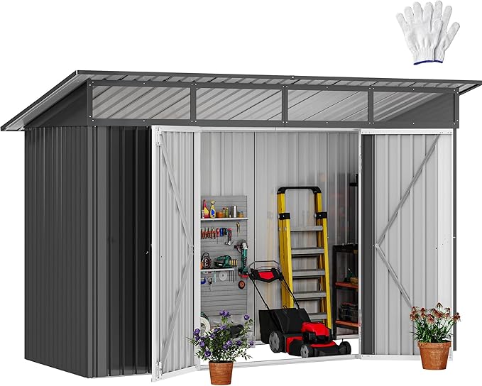 DWVO 9x4 FT Storage Shed for Bicycle, Functional Metal Tool Shelter Garden Storage Unit with Acrylic Windows, Secure Entry Lock, Water-Resistant Waste Enclosure for Outdoor Patio Garden(Dark Gray)
